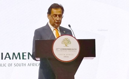 Islamabad 17.09.2026: Speaker National Assembly Sardar Ayaz Sadiq addressing the 69th Commonwealth Parliamentary Conference in Cape Town, South Africa after receiving the 1st Green Mace Award